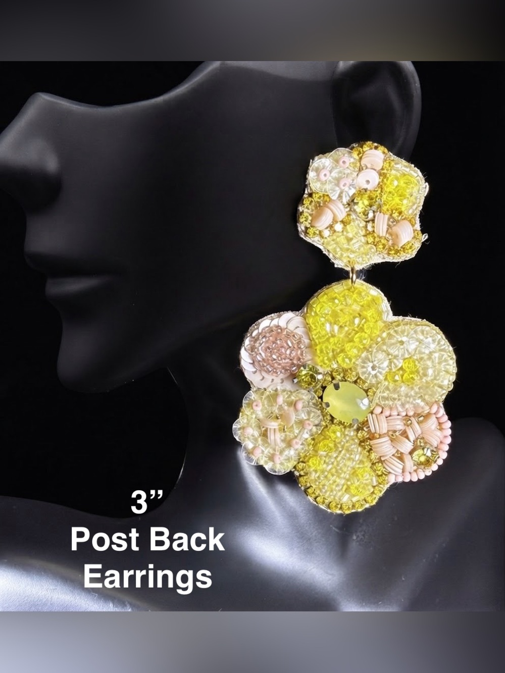 Yellow Beaded Floral Statement Post Earrings